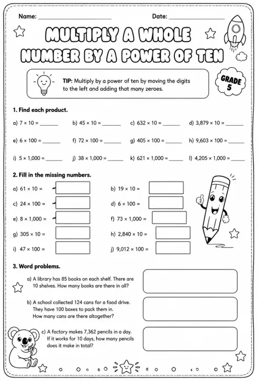 Multiply a whole number by a power of ten