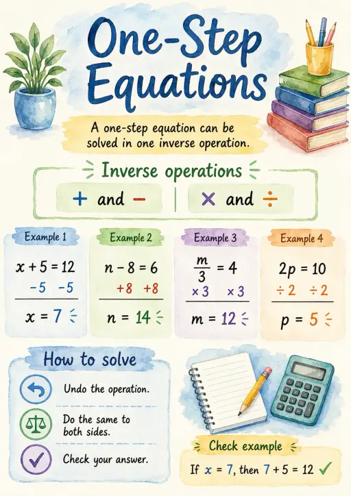 One-step Equations Algebra Infographic