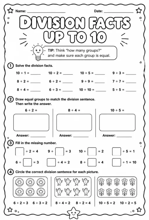 Division facts up to 10