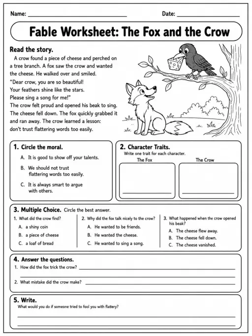 Fable Worksheet: The Fox and the Crow
