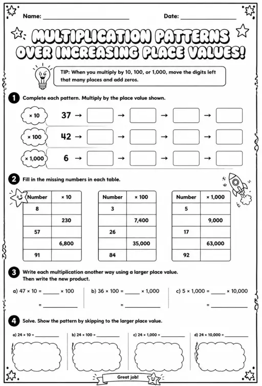 Multiplication patterns over increasing place values