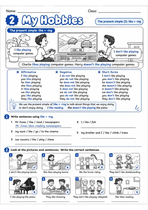 Like Plus Ing: 2 My Hobbies | Grades 3-4 Grammar Worksheet