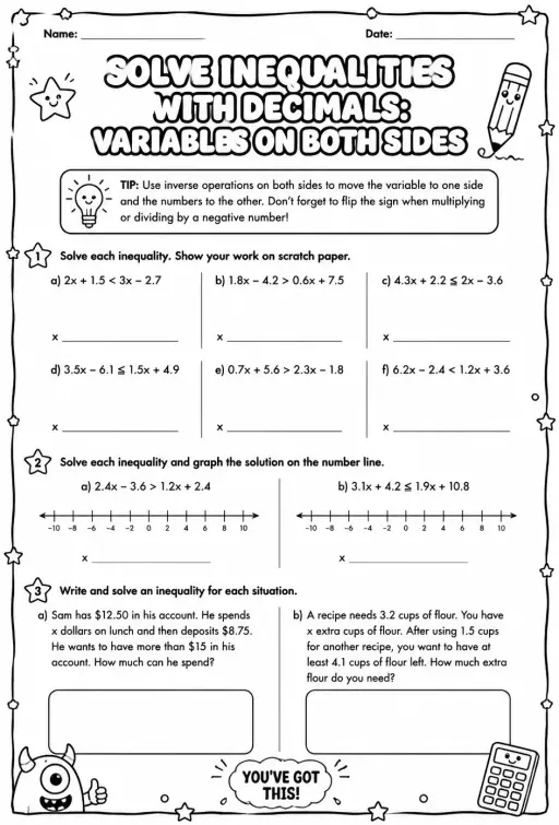 Solve inequalities with decimals: variables on both sides