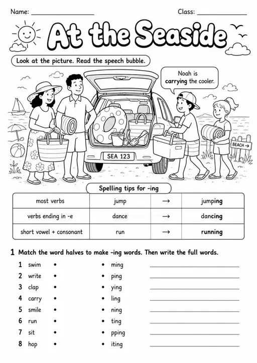 Present Continuous: At The Seaside | Grades 3-4 Grammar Worksheet