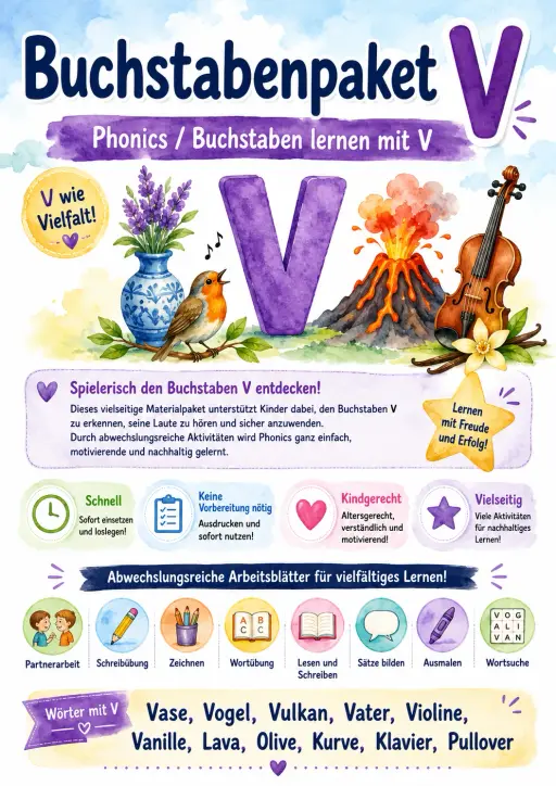 German Letter V Phonics Worksheets Pack