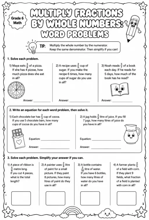 Multiply fractions by whole numbers: word problems