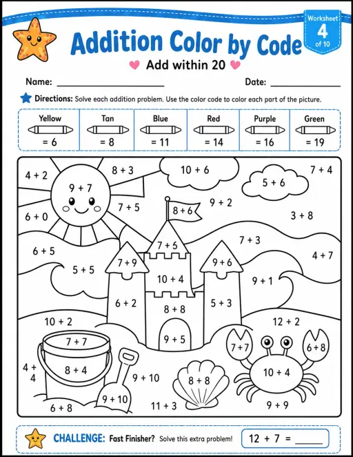 Addition Color by Code: $\nabla$ Add within 20 $\nabla$: Worksheet 4