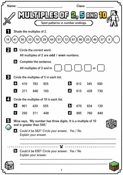 MULTIPLES OF 2, 5 AND 10 - Grade 3 Math Worksheet - grade 3 Reading, explanation, and short-response questions