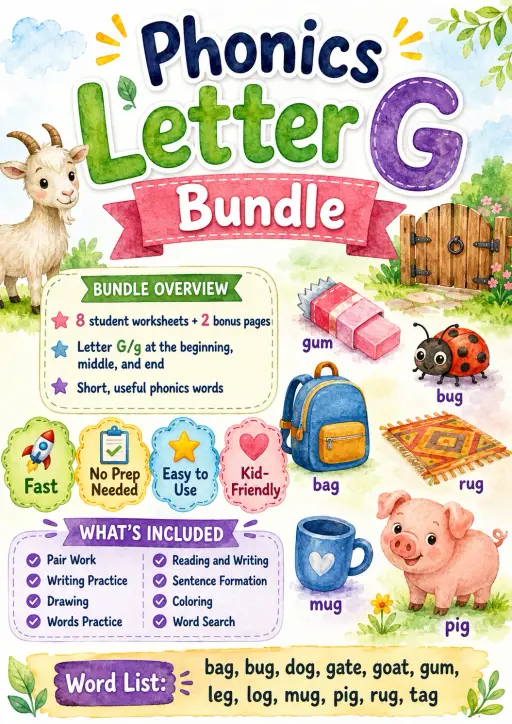 Letter G Phonics Worksheets Pack
