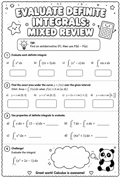 Evaluate definite integrals: mixed review