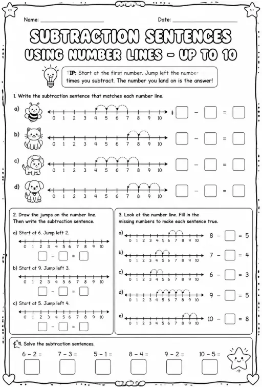 Subtraction sentences using number lines - up to 10