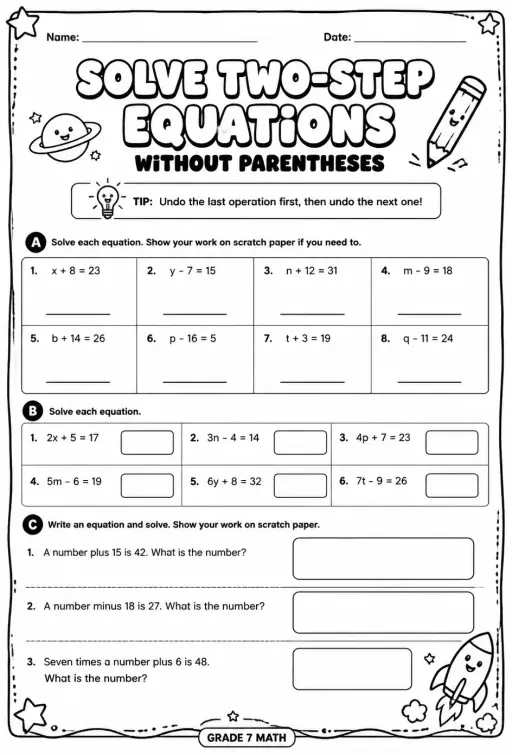 Solve two-step equations without parentheses