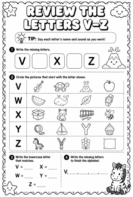 Review the letters V–Z