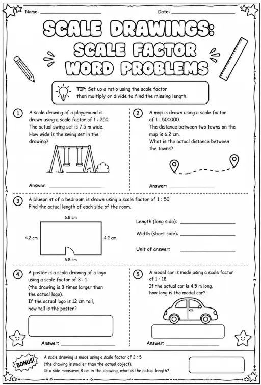 Scale drawings: scale factor word problems