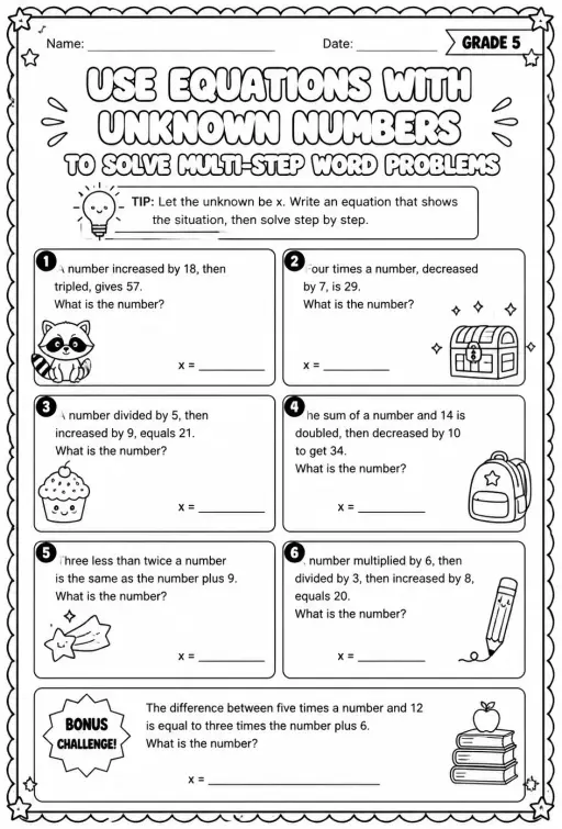Use equations with unknown numbers to solve multi-step word problems