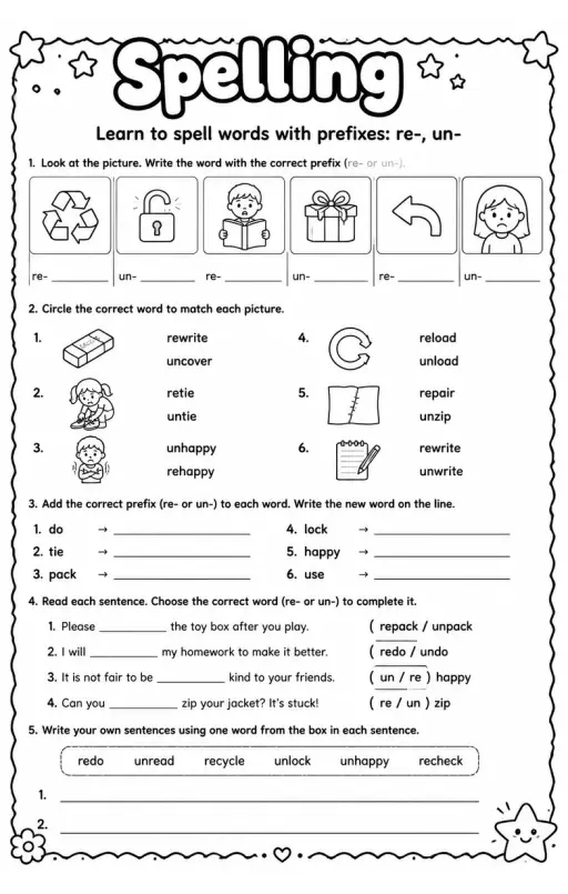 Learn to spell words with prefixes: re-, un-