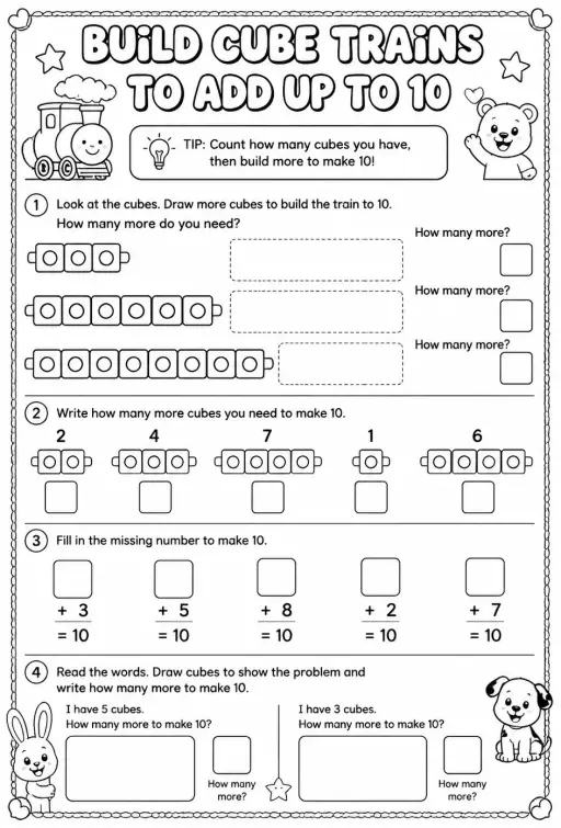 Build cube trains to add up to 10 - words
