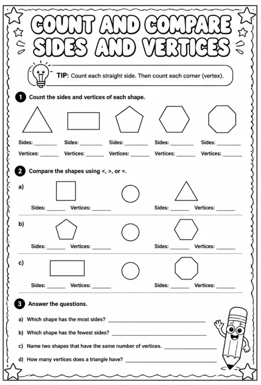 Count and compare sides and vertices