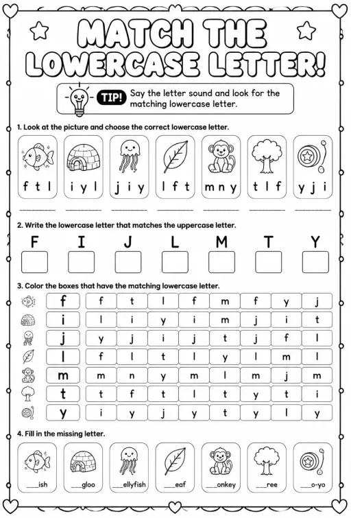 Choose the lowercase letter that matches: f, i, j, l, m, t, y