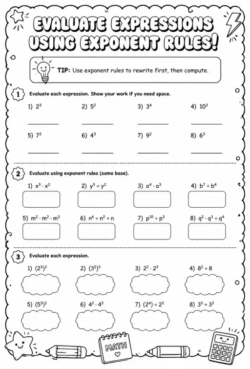 Evaluate expressions using exponent rules