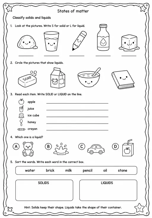 Classify solids and liquids