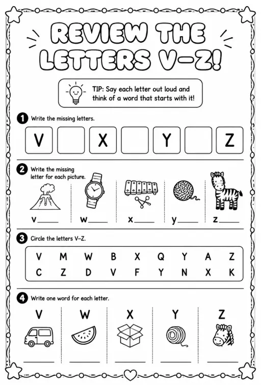 Review the letters V–Z