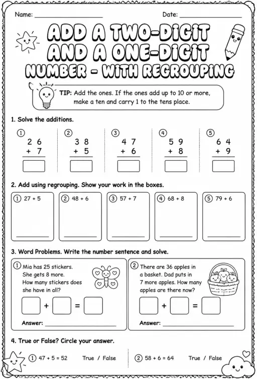 Add a two-digit and a one-digit number - with regrouping
