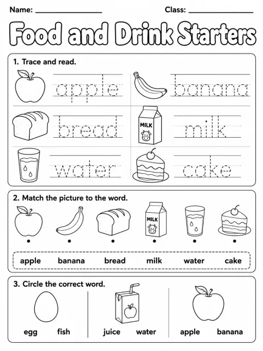 Food and Drink Starters Vocabulary Worksheet Pack
