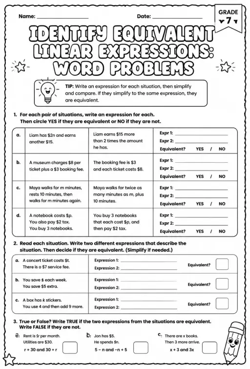 Identify equivalent linear expressions: word problems