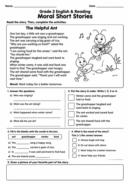 Free Printable Grade 2 ELA Moral Short Stories Reading Worksheet