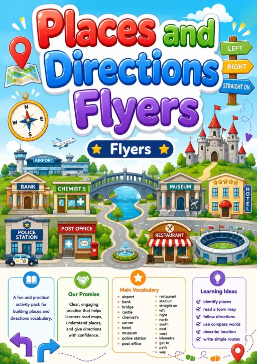 Places and Directions Flyers Vocabulary Worksheet Pack