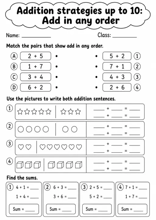 Grade 1 Addition Strategies up to 10 Math Worksheet Pack