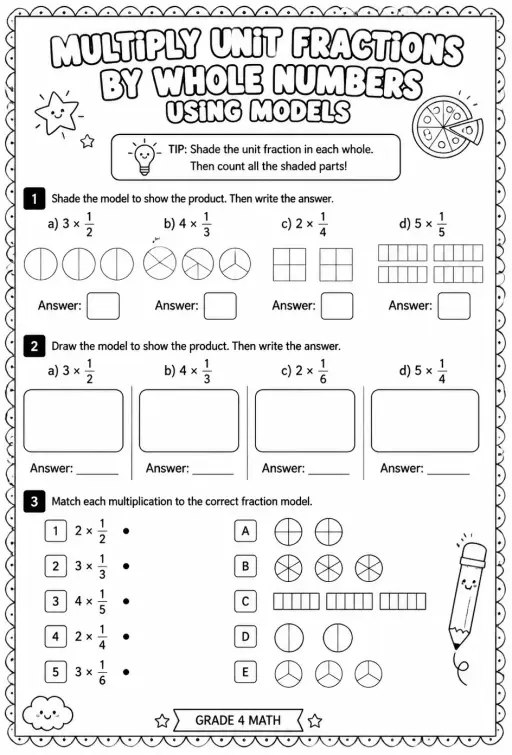 Multiply unit fractions by whole numbers using models