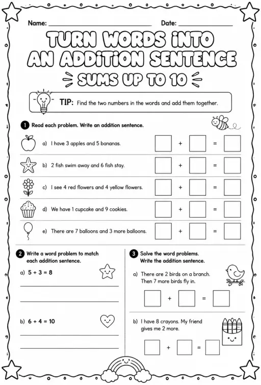 Turn words into an addition sentence - sums up to 10