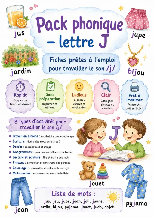 French Letter J Phonics Worksheets Pack