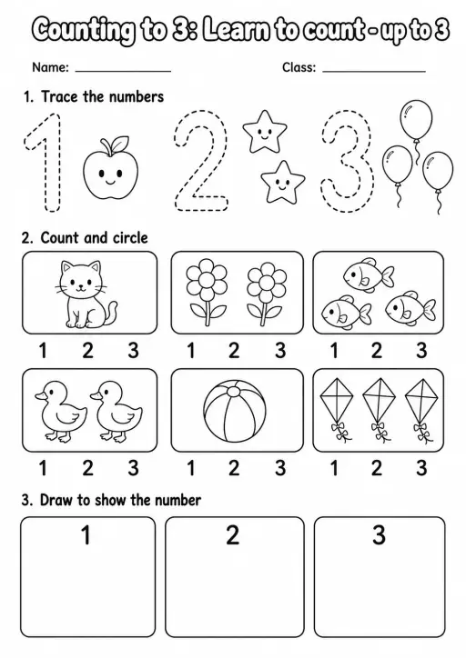 Pre-K Counting to 3 Math Worksheet Pack