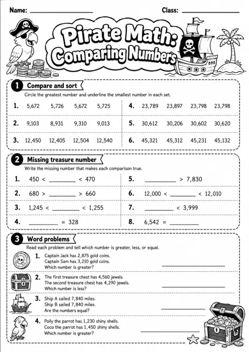 Pirate Math: Word Problems Worksheet