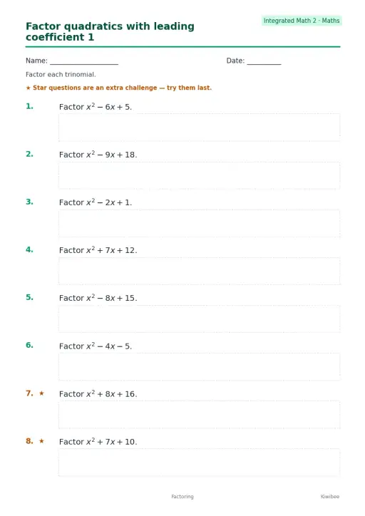 Factor quadratics with leading coefficient 1
