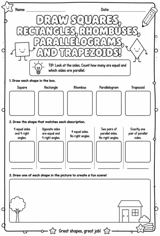 Draw squares, rectangles, rhombuses, parallelograms, and trapezoids