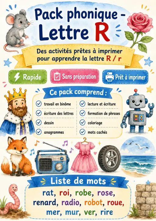 French Letter R Phonics Worksheets Pack