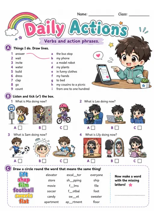 Cambridge MOVERS - Daily Actions | Free Worksheet