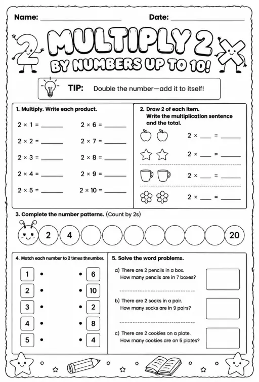 Multiply 2 by numbers up to 10