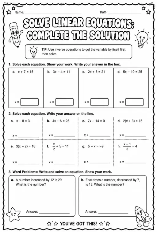 Solve linear equations: complete the solution
