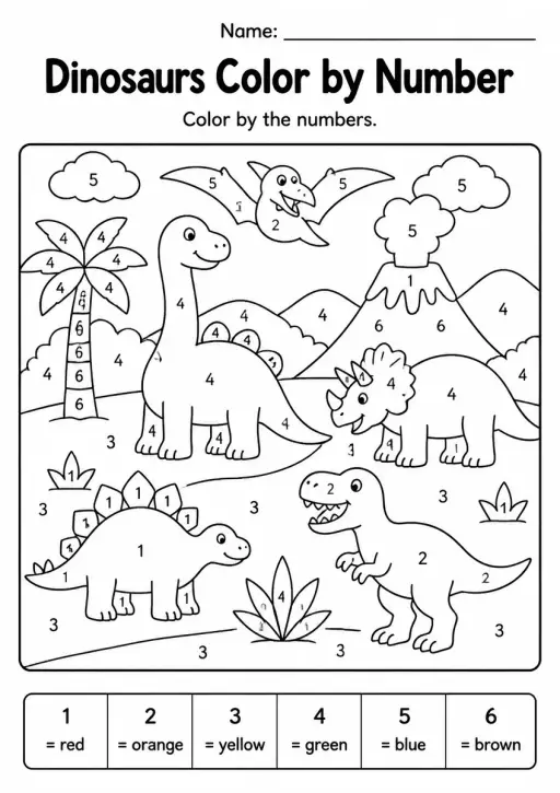 Dinosaurs Color by Number — Grade 3