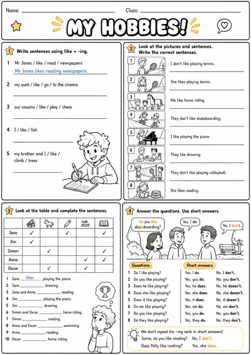 Like Plus Ing: My Hobbies! | Grades 3-4 Grammar Worksheet - WKS-ELA-grade-3-4-GRM-0026-EN