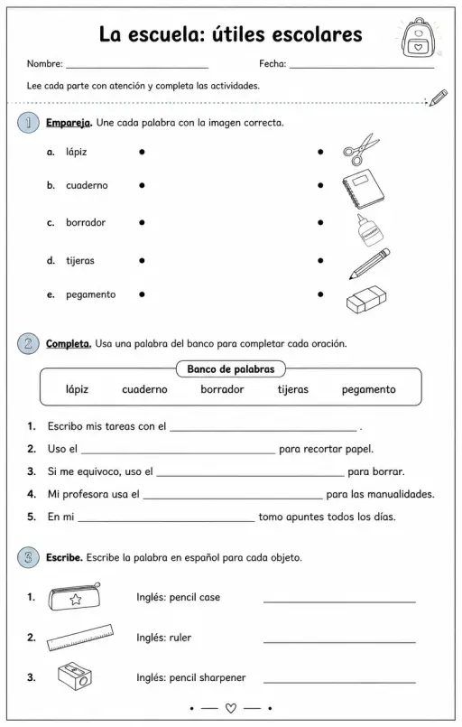 Reconocer palabras, frases u oraciones en español relacionadas con útiles escolares.