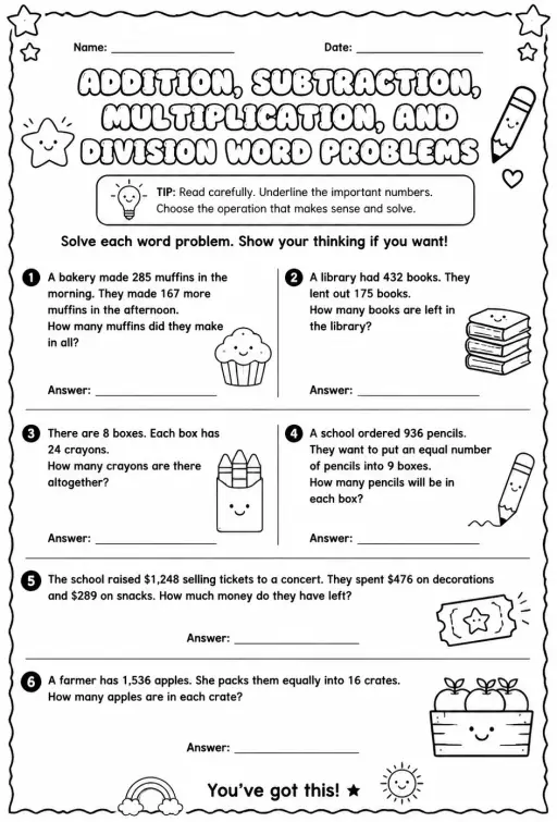 Addition, subtraction, multiplication, and division word problems