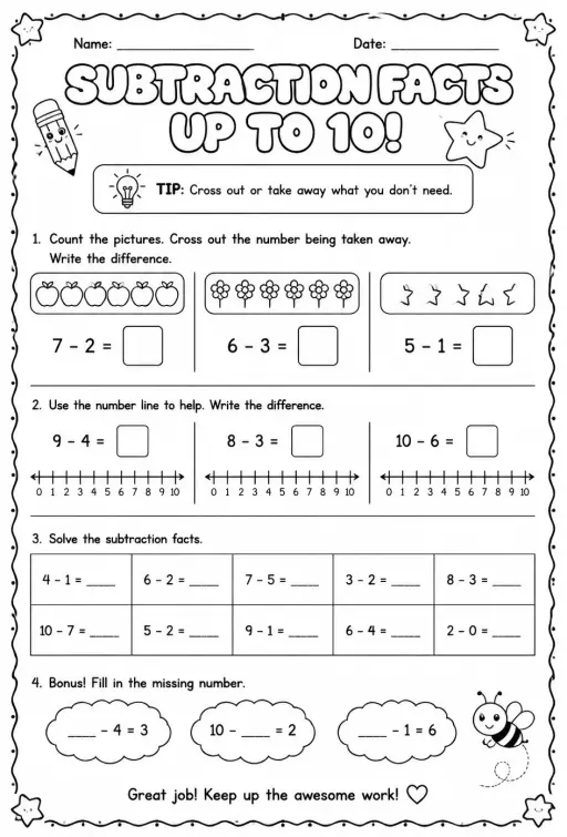 Subtraction facts - up to 10
