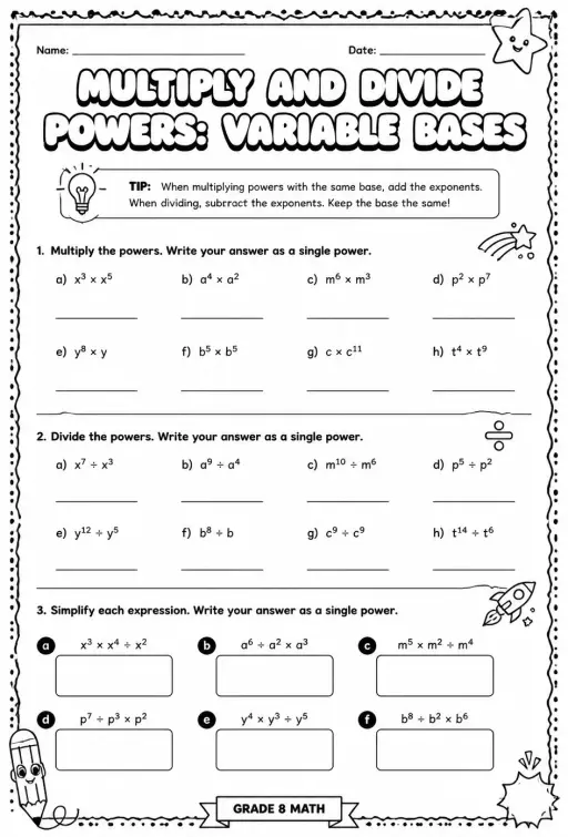 Multiply and divide powers: variable bases