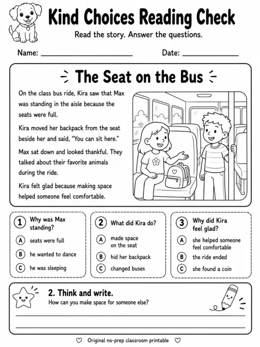 Kind Choices Reading Check: The Seat on the Bus